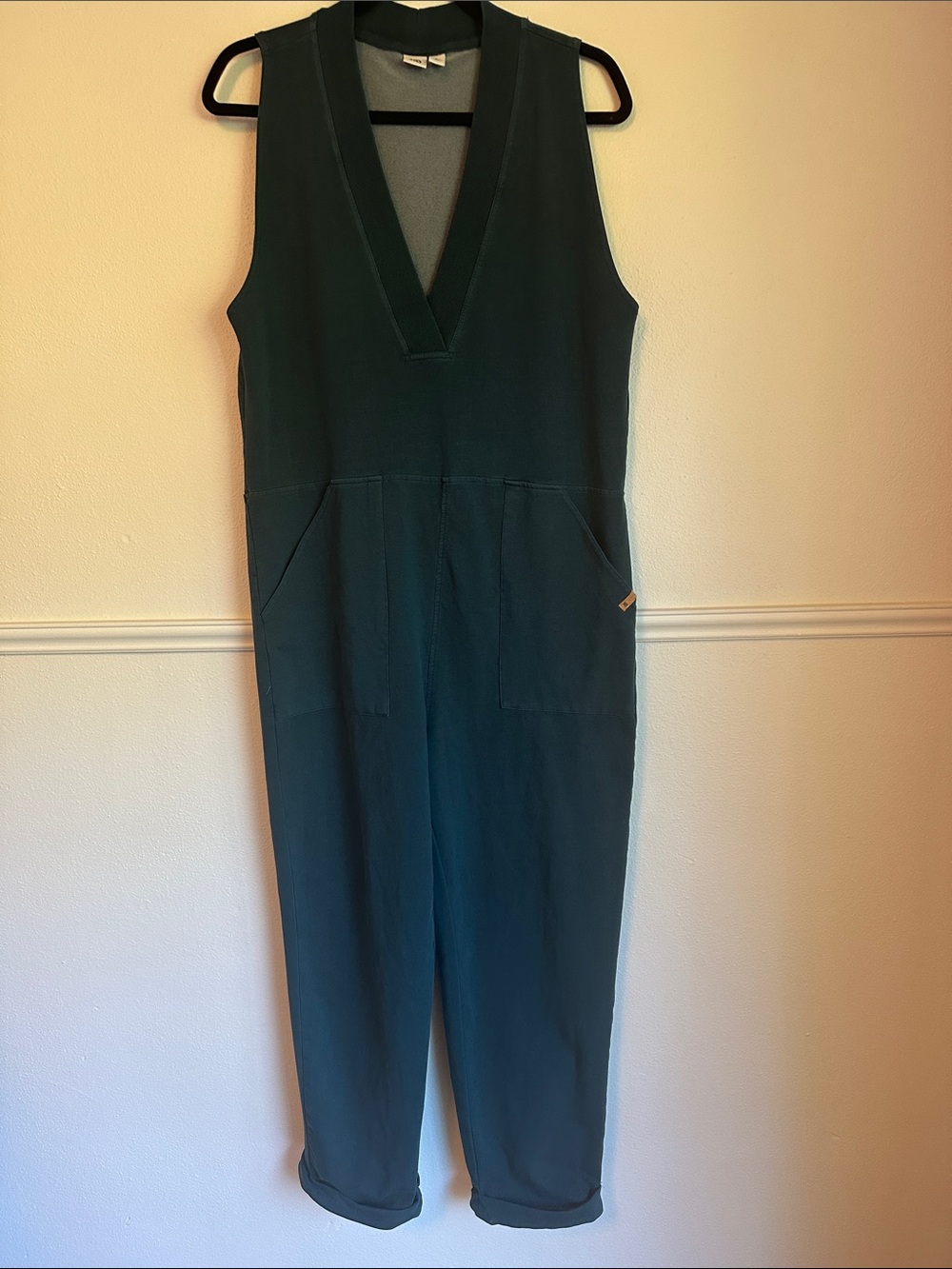 tentree Deep Teal Sleeveless V-Neck Overall Jumpsuit with Front Pockets